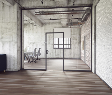 ﻿Funktional und elegant: das Trennwandsystem Uniquin von Dorma-Glas, hier in ­einer Variante im Industrie-Look.