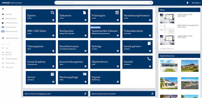 Verarbeiter erhalten über den heroal Communicator Zugriff auf die meisten ­Services und digitalen Tools. Das Fachkunden-Portal erleichtert die tägliche Arbeit dank ­vielfältiger komfortabler Funktionen.