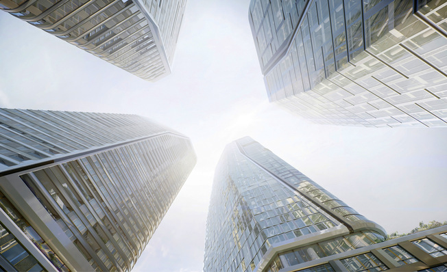 4 Türme für Frankfurt: Die Hochhäuser T1 und T4 sind reine Bürotürme für bis zu 4000 Beschäftigte. Der 173 m hohe T2 sowie der 120 m hohe T3 bieten mit 600 Wohnungen zudem Raum für bis zu 1000 Bewohner.