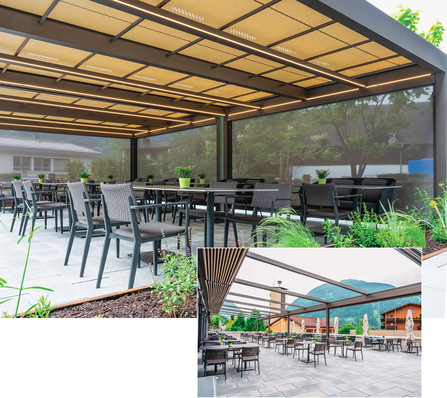 Insgesamt rund 100 Außen-Sitzplätze können zukünftig während der Sommersaison großflächig vor Regen und Sonne geschützt werden. 