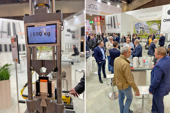  Links: Bei einem Flügelgewicht von 1.690 Kg ist auch die festeste Verbindung ausgereizt ... Rechts: Gut besuchter Messestand von Dr. Hahn.