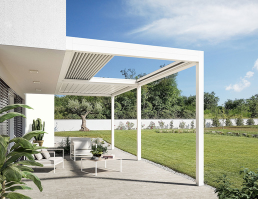  Luftiges Design, stabile Konstruktion und vielseitige Funktionalität: Das ist die perfekte Verbindung, durch die sich das neue bioklimatische Lamellendach mit einfahrbarer Überdachung Sway auszeichnet.
