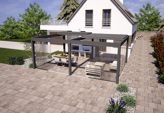  Das „Cabrio“ unter den Lamellendächern ist das „Qube Skyline“. Die Lamellen lassen sich auf Knopfdruck per Fernbedienung nahezu vollständig zurückfahren.