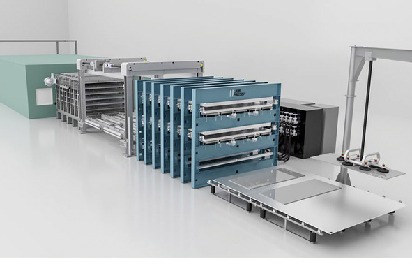  In der DoublePress-Ausführung und mit einem Nutzmaß von 6 × 3,21 m werden auf der LamiPress bis zu 250 m² pro Schicht gefertigt.