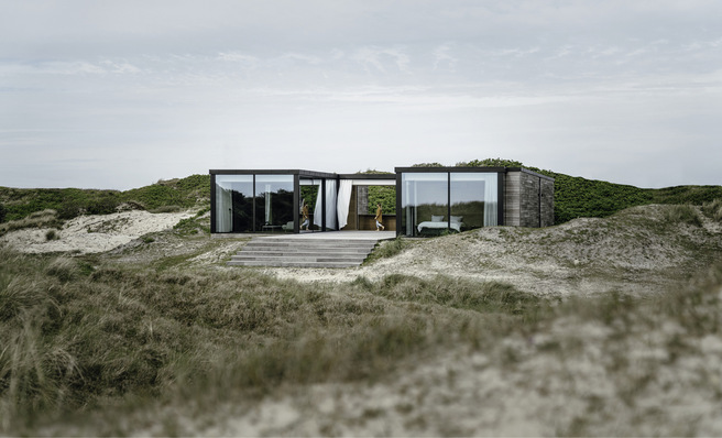  Perfekte Einbettung der Ferienhäuser in die Natur: Die umgebenden Dünen und werden nicht ­überragt und sind dabei vor Wind und Wetter gut geschützt.