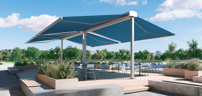 Das Freigestell ist ein- oder zweiseitig bestückbar und in einer Breite von bis zu sieben Metern sowie einer Pfostenhöhe von 3,5 m erhältlich.