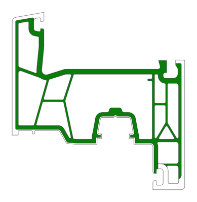Der Flügelquerschnitt des Kömmerling-Profils in 76 mm. In Grün zu sehen sind die Volumenanteile, die aus Recyclat-PVC extrudiert werden. 