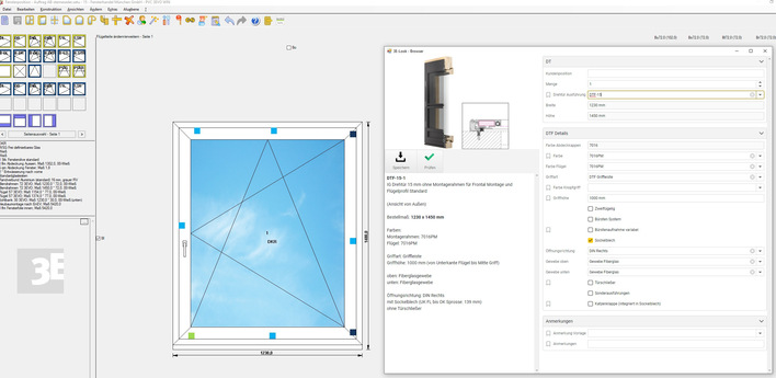 Die Elemente werden direkt bei der Erfassung im Stemeseder-Konfigurator online konfiguriert und in 3E-LOOK integriert.  Die weitere Bearbeitung mit Preisen und allen erforderlichen kaufmännischen und technischen Informationen erfolgt effizient und papierlos im Auftrag in 3E-LOOK.