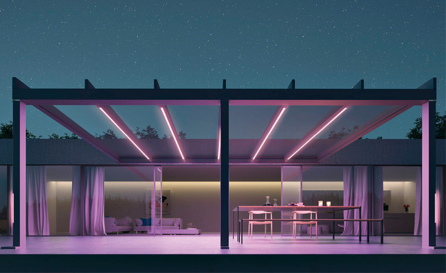 Das Ambiente-Licht von Weinor sorgt für eine stimmungsvolle Inszenierung der Terrasse.