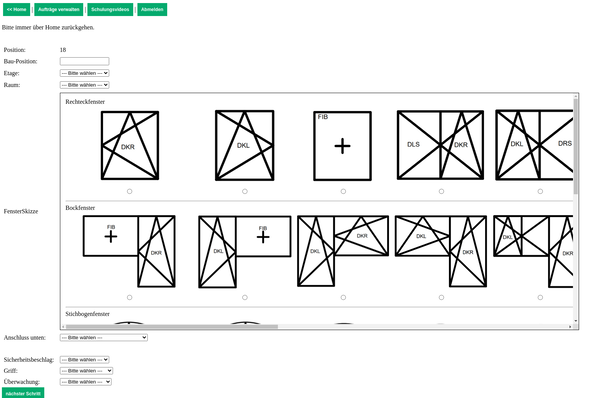 Die Auswahl an Fenstertypen (Rechteckfenster, Bockfenster, Stichbogenfenster, Rundbogenfenster) kann mit eigenen Zeichnungen erweitert werden, direkt auf der Baustelle wo das Aufmaß erfolgt.