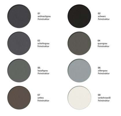 Die Farbpalette von VEKA Feinstruktur umfasst acht derzeit im Trend liegende Farbtöne für Fenster: anthrazitgrau, schiefergrau, basaltgrau, umbra, schwarz, quarzgrau, silbergrau und verkehrsweiß.