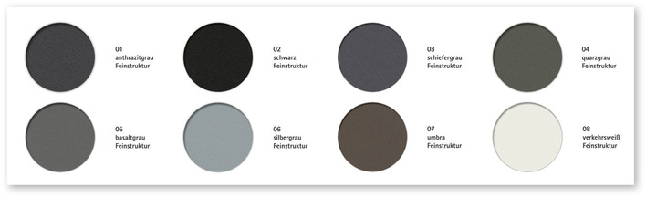 Die Farbpalette von VEKA Feinstruktur umfasst acht derzeit im Trend liegende Farbtöne für Fenster: anthrazitgrau, schiefergrau, basaltgrau, umbra, schwarz, quarzgrau, silbergrau und verkehrsweiß.