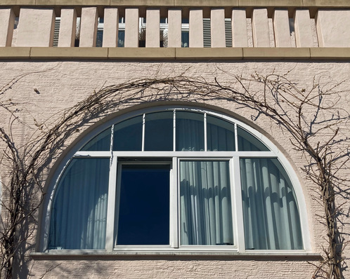 Gerne, hier ein themenrelevanter und zielgruppengerechter Alt-Text: Alt-Text: Bogefenster mit weißem Aluminiumrahmen in einer wärmegedämmten Fassade, außen Kletterpflanzen; Beispiel für moderne Fensterintegration und Fassadentechnik. Falls Aspekte wie Einbruchschutz, Barrierefreiheit oder Wärmeschutz im Kontext stehen sollen, kann der Alt-Text entsprechend angepasst werden. - © Daniel Mund