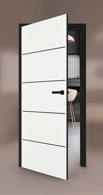 Diese Garant-Tür kombiniert hochmattes Weiß mit eleganten schwarzen Details