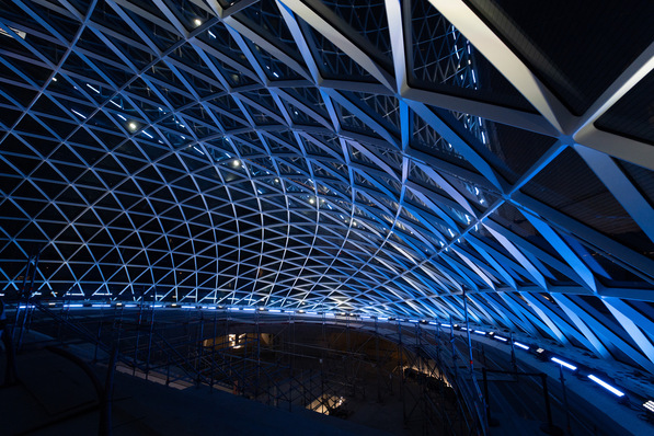Die jetzt freigelegte Gitterschalen-Konstruktion von seele besteht aus 403 Knotenpunkten und einem Tragwerk aus 110 t Stahl.