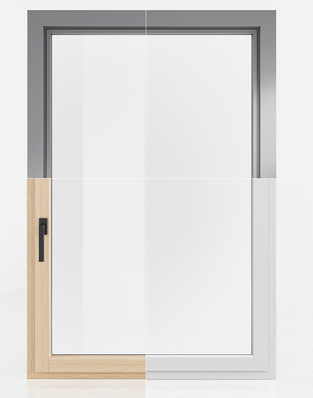 Außen ident, innen gleiches Design: Holz/Alu-Fenster Amber (links) & Kunststoff/Alu-Fenster Zirkon (rechts) als harmonische und preisoptimierte Kombination.