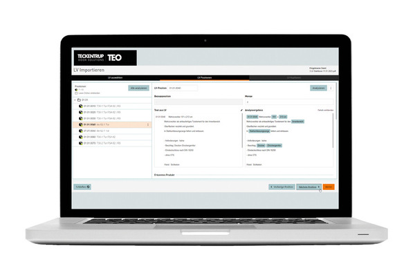 Der TEO-Workflow im Überblick: Aus dem eingelesenen LV werden automatisch die Tür-Positionen erfasst, die technischen Anforderungen analysiert und anschließend passende Türen vorgeschlagen.