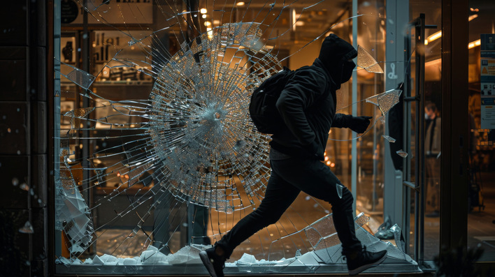 A figure wearing dark clothing and a mask sprinting away from a broken shop window