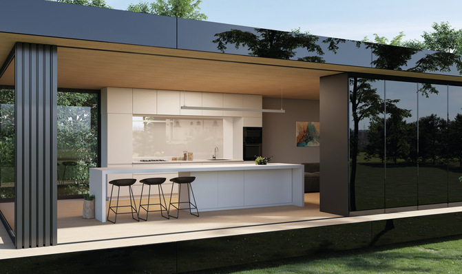 In dieser exklusiven Outdoor-Küche in Italien zeigen die Designgläser Lacobel (glänzend) und Matelac (matt) ihre gestalterische Stärke: Die setzen elegante Akzente im Innenraum und schaffen zugleich einen harmonischen Übergang ins Freie. Für die dauerhaft witterungsbeständige Außenanwendung kamen vorspannbare Lacobel T-Varianten zum Einsatz.