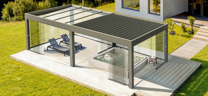 Die Kombination aus Lamellen- und Glasdach nebeneinander gliedert die Terrasse in zwei klar definierte Zonen.