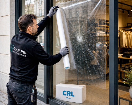 Die für den Notfalleinsatz entwickelte, selbst­klebende Folie wird direkt auf das beschädigte Glas aufgebracht.
