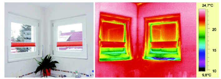 Infrarotaufnahmen während des Blower-Door-Test zeigen, dass das rechte Fenster am unteren Rahmen nicht luftdicht zur Wand angeschlossen ist 

Bilder: Industrie Thermografie Krüll, 99891 Tabarz, Tel. (03 62 59) 5 09 91, ITK.S.Kruell@t-online.de, www.ITK-MESSTECHNIK.de