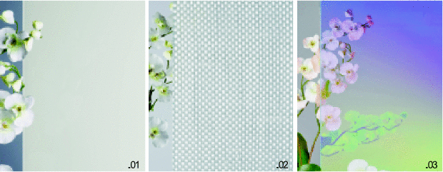 Kleine Auswahl an Interpane Glas­dekoren_01 Ipadecor L (HPL Dekor hinter Glas)_02 Glasfasergewebe im SZR_03 Ipadecor R ­(Dichroitischer Film)