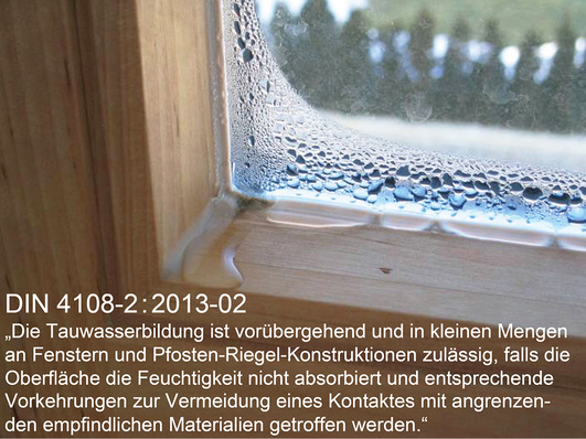 
Tauwasserbildung am unteren Glaseck durch Wärmebrückenwirkung des Abstandhalters mit Bewertungsgrundlage aus der DIN 4108-2.
