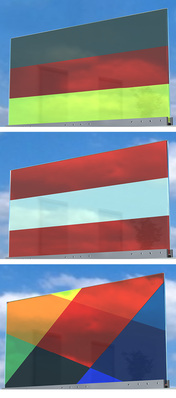 
Es geht auch etwas bunter: Folien-Kombinationen aus verschieden farbigen Bereichen zur Gestaltung von VSG-Scheiben für Fassaden, Brüstungen, Türen und Interieurgläser.
