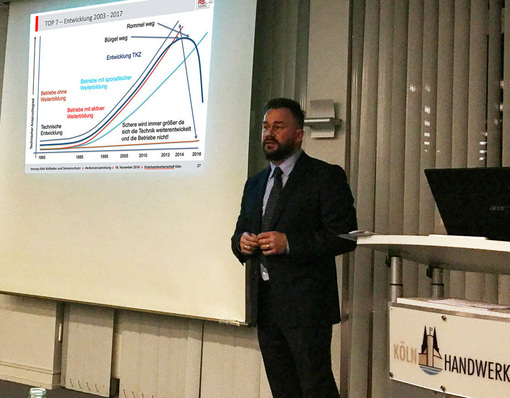 Mit einem Chart zeigte Obermeister Andre Urban an der Entwicklung des technischen Anspruches der Branche von 1965 bis heute, wo sich mehr oder weniger in der Weiterbildung engagierte Betriebe und das TKZ bewegen.