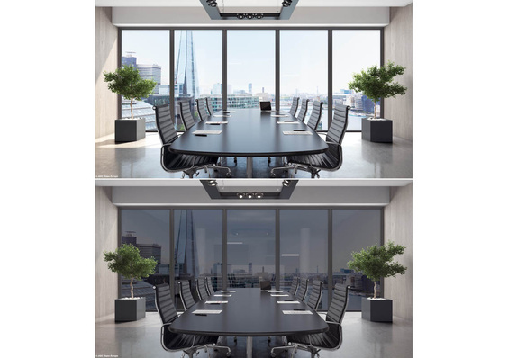 Das Halio Glas oben transparent und im unteren Bild geschaltet: Selbst bei großen raumhohen Gläsern lässt sich der dunkelste Grauton in unter fünf Minuten erreichen.