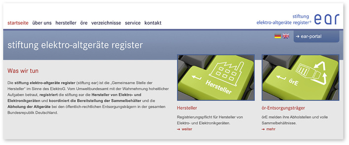 



Die stiftung ear mit Sitz in Fürth (Bayern) ist die „Gemeinsame Stelle der Hersteller“ im Sinne des Elektro- und Elektronikgerätegesetzes (ElektroG). Sie wurde im Zuge der Umsetzung der EU Richtlinie zur Reduktion der zunehmenden Menge an Elektronikschrott aus nicht mehr benutzten Elektro- und Elektronikgeräten – kurz der WEEE-Richtlinie – in nationales Recht von Herstellern gegründet.
