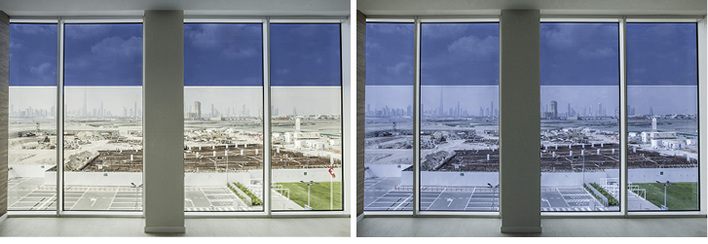 



In der Swiss International Scientific School in Dubai sind Scheiben aus SageGlass verbaut, das sich komplett, oder wie hier im Bild in Teilbereichen, schalten lässt. Auch eine Anbindung an die Fassadensteuerung ist möglich.
