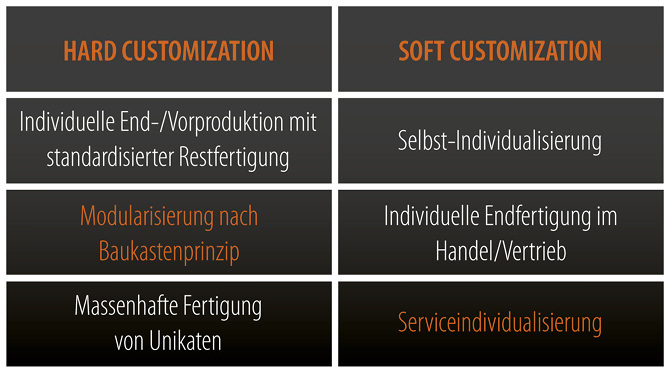 
Grundsätzlich kann zwischen Hard- (Aktivitäten der Produktion) und Soft- (Anpassung außerhalb des Unternehmens) Customization unterschieden werden (in Anlehnung an Piller, Mass Customization).
