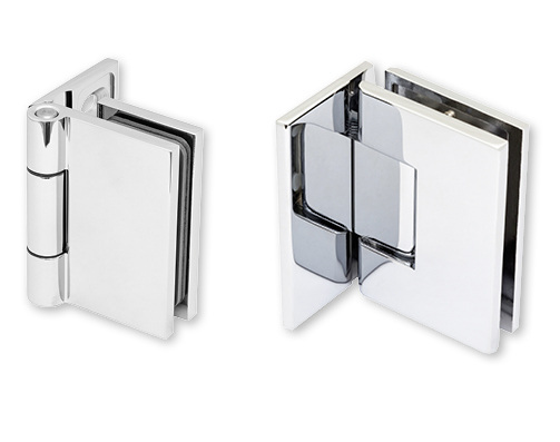 
Die neuen Duschtürband-Beschläge von C.R. Laurence Altea (links) und Melbourne haben ein eckiges Design.



