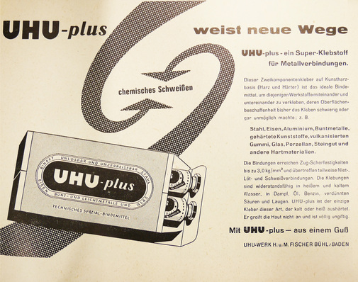 Kleben von Metall gab es bereits in den 1950er Jahren, wie diese Anzeige von UHU belegt.