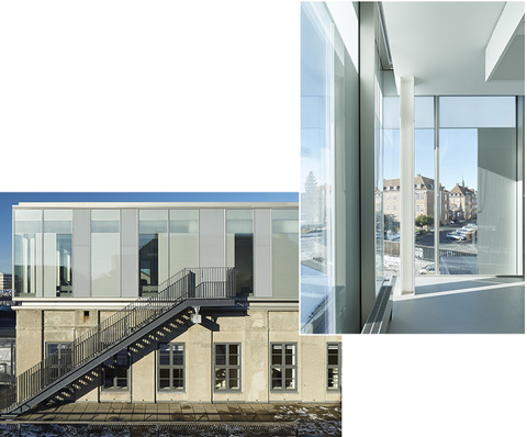 



Im oberen Bereich der Fassade streuen Kapilux-Einlagen das Tageslicht tief in den Innenraum.
