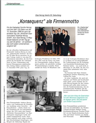 Im Jahr 1998 feierte Glas Herzog sein 50-jähriges Bestehen. Die GLASWELT berichtete von der Feier.