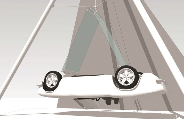 Dieses Auto hängt auf der glt in Düsseldorf am "gläsernen Faden".