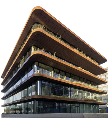 



Die Fassade des Geschäftshauses ist von den Materialien Glas und Cortenstahl geprägt. Diese Materialkombination soll den industriellen Charakter der Anlagen im Hafengebiet widerspiegeln. 
